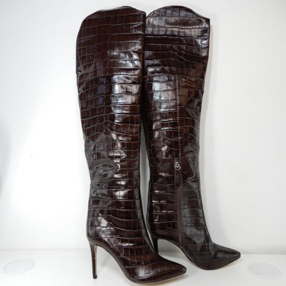 SCHUTZ Maryana Over The Knee OTK Boots Size 5 Chocolate Brown Croc Leather NEW - Picture 5 of 14
